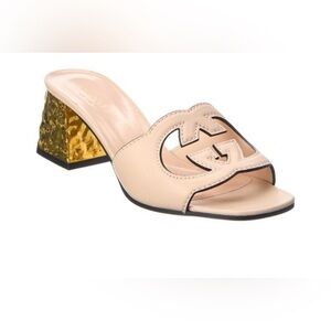 Gucci interlocking G cut out leather Pink Rose sandals mules gold heel 39.5 9 US